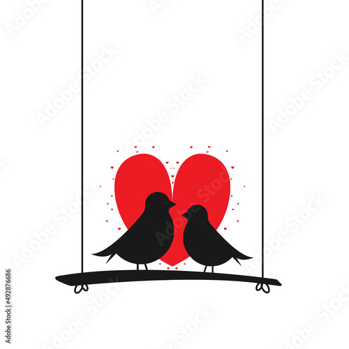 Two birds on branch with harts isolated on white background