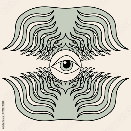 Vector hand drawn minimalistic surreal illustration with eye . Creative artwork. Template for card, poster, banner, print for t-shirt, pin, badge, patch.
