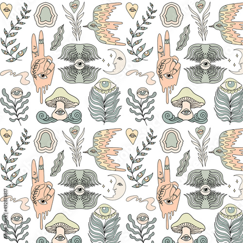 Vector pattern iwth hand drawn minimalistic surreal illustration with eye, mushroom . Creative artwork with fortune teller. Template for card, poster, banner, print for t-shirt, pin, badge, patch.