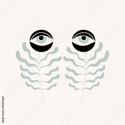 Vector hand drawn minimalistic surreal illustration with eye . Creative artwork. Template for card, poster, banner, print for t-shirt, pin, badge, patch.