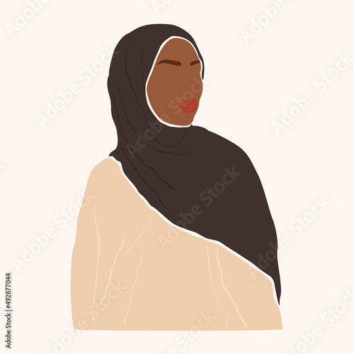 Silhouette of a Muslim woman with black headdress. Faceless female in hijab with dark brown skin. International Women's Day and Mother's day. Hand drawn vector contemporary abstract illustration