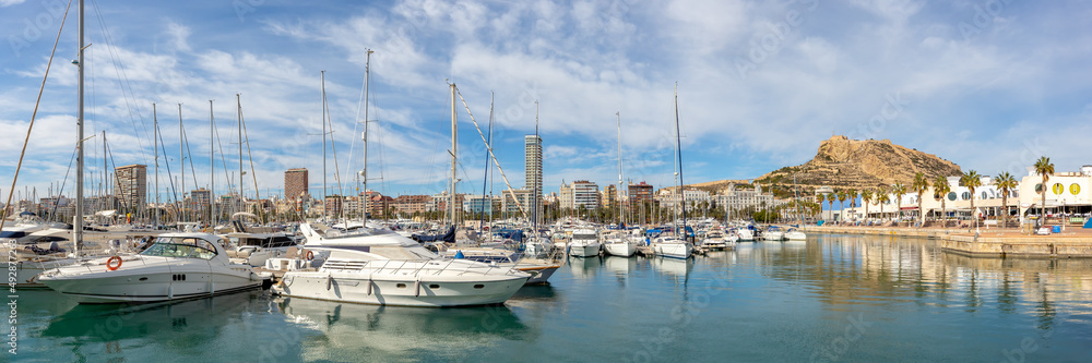 Alicante Port d'Alacant marina with boats and view of castle Castillo travel traveling holidays vacation panorama in Spain
