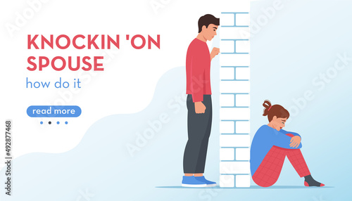 Knockin 'on spouse. Family relationships, conflict, dispute. Attempts to overcome the conflict. Man and woman on different sides of the wall. Vector illustration in flat style