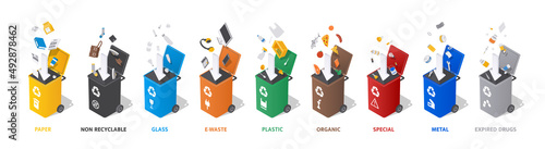 Waste collection isometric. Sorting waste, caring for environment and reducing emissions of harmful substances into atmosphere. Cartoon isometric vector illustrations isolated on white background