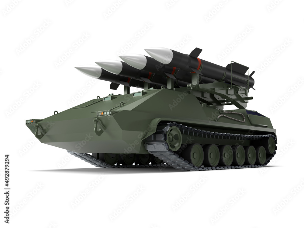 3d render self-propelled missile system on caterpillars white background angle of view 3d render self-propelled missile system on caterpillars white background angle of view