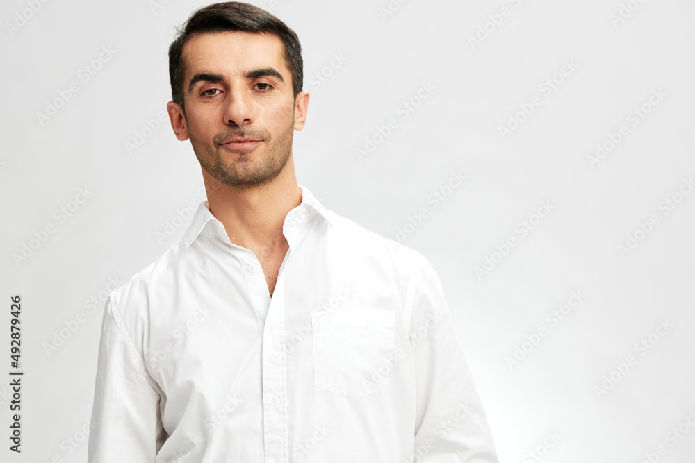 successful man in white shirts hand gesture copy-space self-confidence isolated background successful man in white shirts hand gesture copy-space self-confidence isolated background