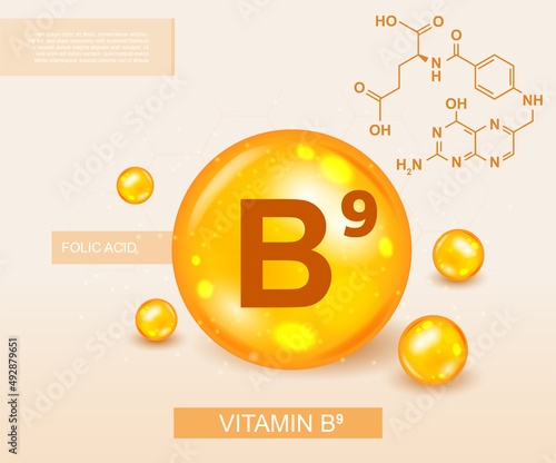 Vitamin B9 concept. Components of organic and natural products, special medical supplements for substance regulation. Drop of liquid, useful trace elements. Cartoon isometric vector illustration