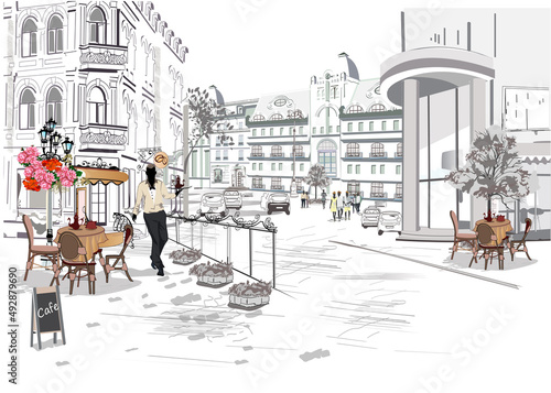 Series of the street cafes with fashion people, men and women, in the old city, vector illustration. Waiters serve the tables. 