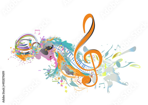 Abstract musical design with a colourful treble clef and musical waves, notes and splashes. Hand drawn vector illustration. © Anna Laifalight