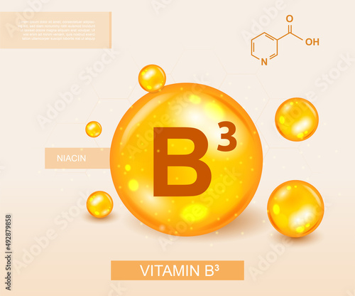 Vitamin B3 concept. Fat, natural and organic products. Health care, nutrition and sport diet. Active lifestyle, nutritional supplements, landing page design. Cartoon isometric vector illustration