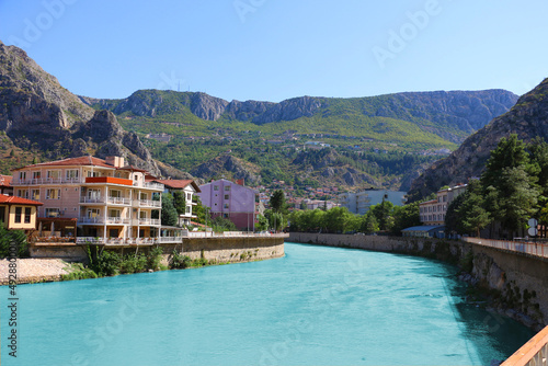 Fascinating view of the city of Amasya, also known as the city of princes. wonderful clouds coming out of the mountains. YESILIRMAK river.