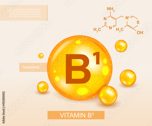Vitamin B1 concept. Medicine capsule, Golden substance. Nutrition and healthy diet, fitness. Chemical formulas and substances. Landing page for website design. Cartoon isometric vector illustration