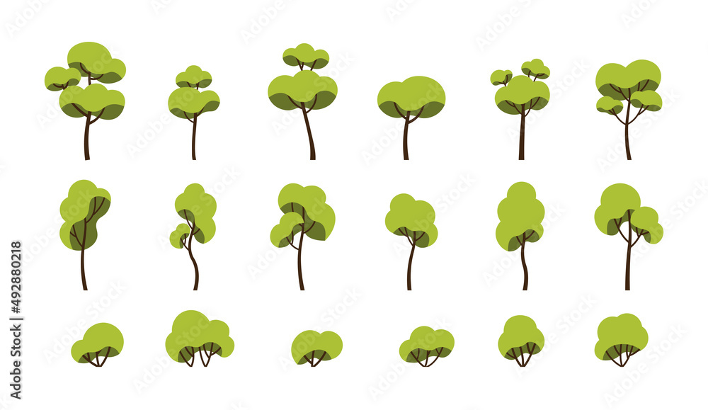 Set of trees. Collection of stickers for social networks, elements for animation or drawings. Nature and decoration of city park. Cartoon flat vector illustrations isolated on white background