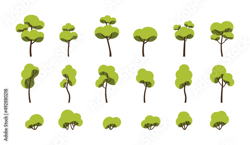 Set of trees. Collection of stickers for social networks, elements for animation or drawings. Nature and decoration of city park. Cartoon flat vector illustrations isolated on white background