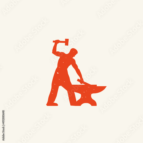 Smithy logo. Red vintage Stylized blacksmith silhouette design with grunge texture. Man working with hammer and anvil. 