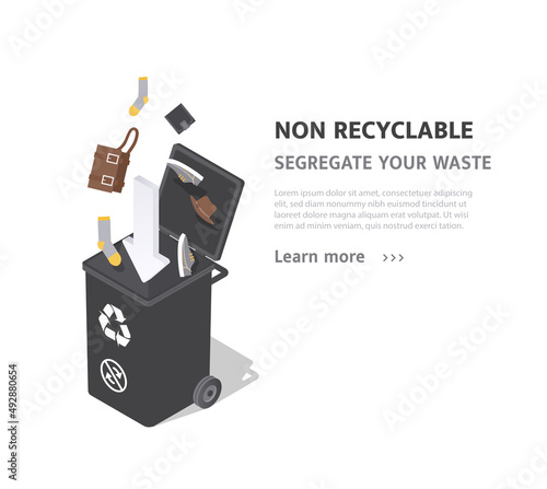 Sorting NON recyclable waste. Clothes and bags fall into open trash can. Protecting planet from pollution and protecting environment, eco friendly organization. Cartoon isometric vector illustration