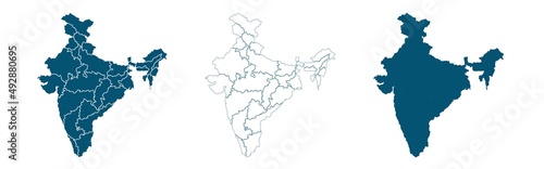 Set of s political maps of India with regions isolated on white