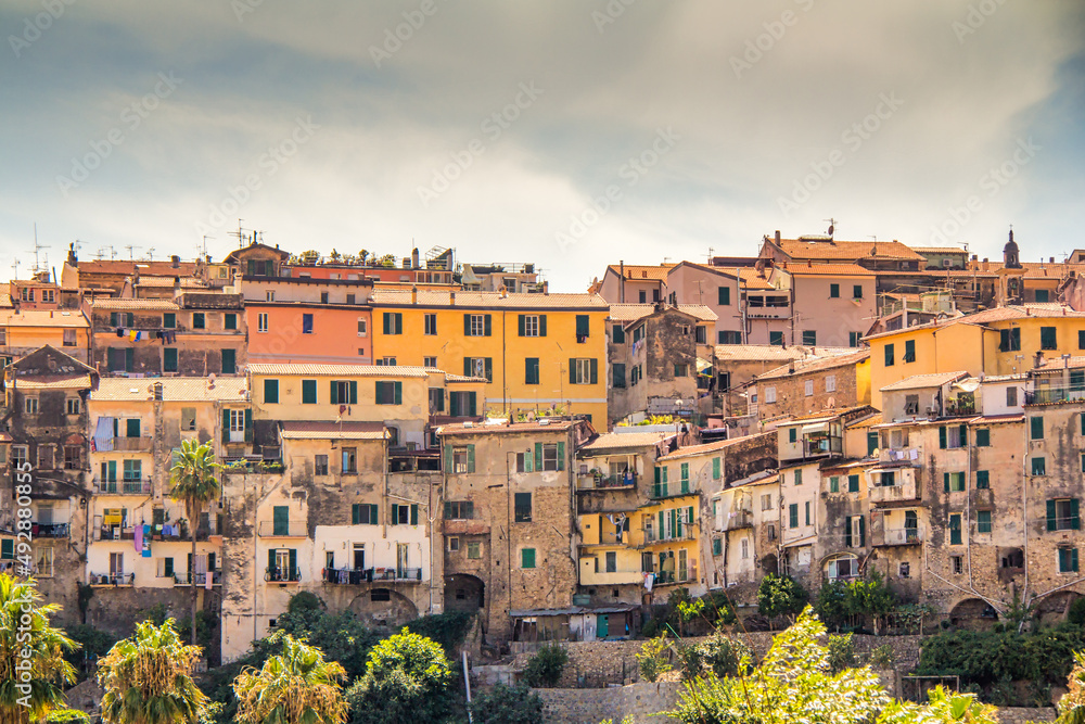 Fototapeta premium Beautiful view of the old town of Ventimiglia Alta in Italy, Liguria. Ligurian Riviera, Province of Imperia