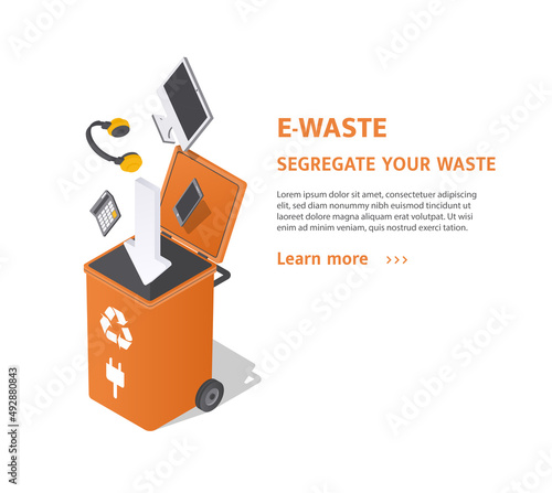 Sorting e waste. Caring for nature and proper trashdisposal. Stylish design for landing page, card with tips. Electrical appliances, device, smartphone, computer. Cartoon isometric vector illustration