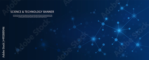 Science technology banner. Modern technologies and innovations, digital world and data transmission. Futuristic image, programming and coding. Banner for site. Cartoon flat vector illustration
