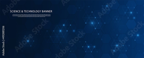 Science technology banner. Digital world and innovation, electronics and data transmission. Online archive and work with information. Wallpaper for phone or computer. Cartoon flat vector illustration
