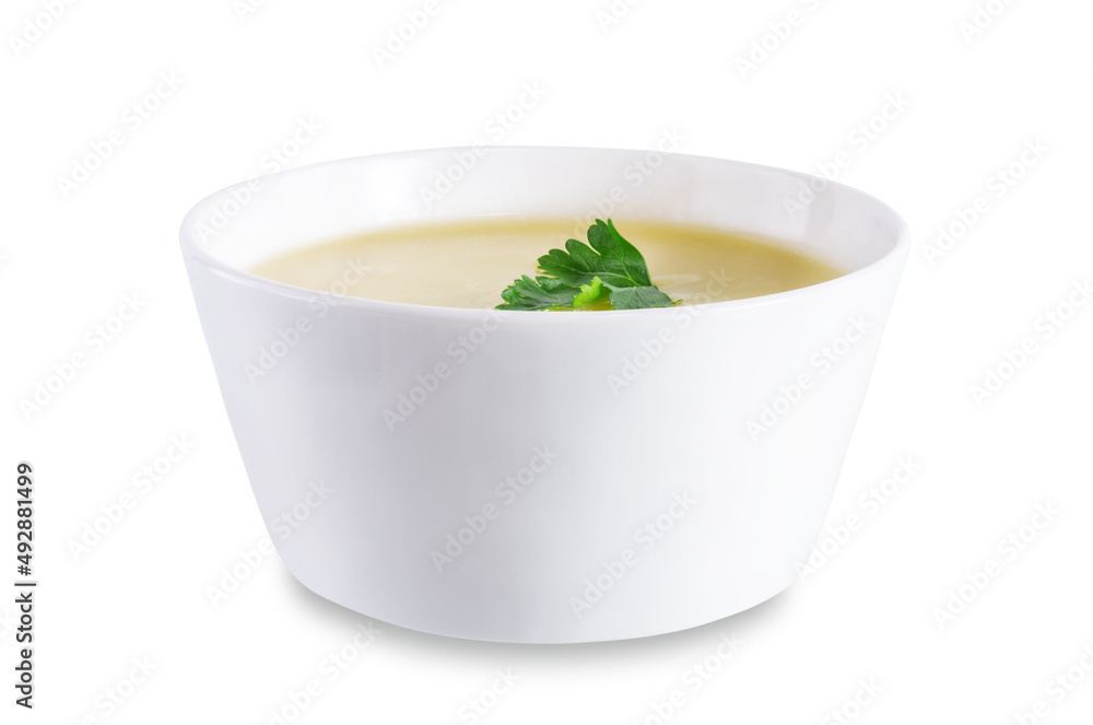 Potato cauliflower puree soup in a bowl on a white isolated background Potato cauliflower puree soup in a bowl on a white isolated background