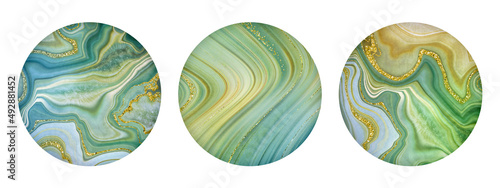 abstract round sticker collection with fake painted artificial stone textures, mint green onyx and marble with golden veins, digital marbling illustration photo