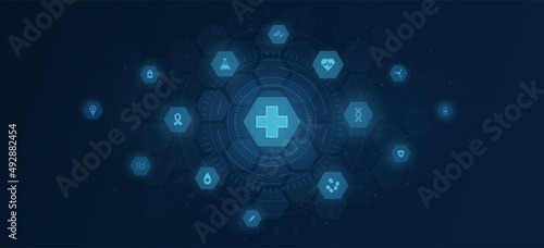 Medical global connectivity. Modern technologies and digital world, social networks and communication. Stylish poster or banner, electronic futuristic background. Cartoon flat vector illustration © Rudzhan