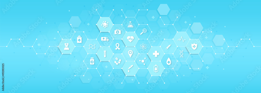 Medical blue banner. Digital technologies and modern technologies. Collection of stylish icons for site in form of DNA molecule. Genetic engineering and biotechnology. Cartoon flat vector illustration