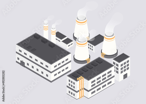 Industrial power station. Production and development of hazardous waste, environmental pollution, global factory. Energy, electricity and modern technologies. Cartoon isometric vector illustration