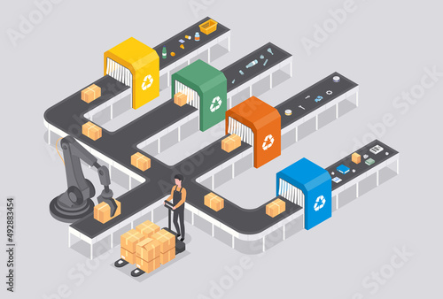 Garbadge packing concept. Automation and modern technologies, smart belt sorts waste for further processing. Caring for environment, eco friendly company. Cartoon isometric vector illustration