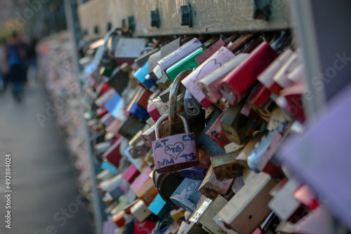 Love locks on Hohenzollern Bridge in the city of Cologne, Germany