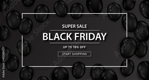 Black friday banner. Advertising goods on Internet, poster for website, marketing and promotion on Internet. Big discounts, great deals and holiday traditions. Cartoon flat vector illustration