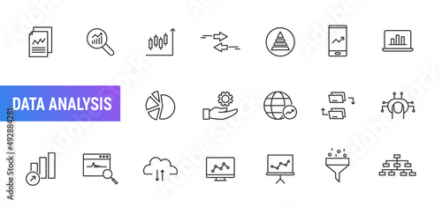 Data analysis line icon business research technology market. Vector data analysis compute statistic finance