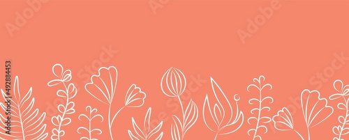 Vector linear abstract banner. Wallpaper in a minimalist style for spring and summer with botanical leaves and flowers, organic shapes. For poster, poster, background, postcard, website and packaging.