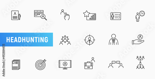 Business headhunting line icon job professional team work search. Human career vector line icon set head hunting symbol