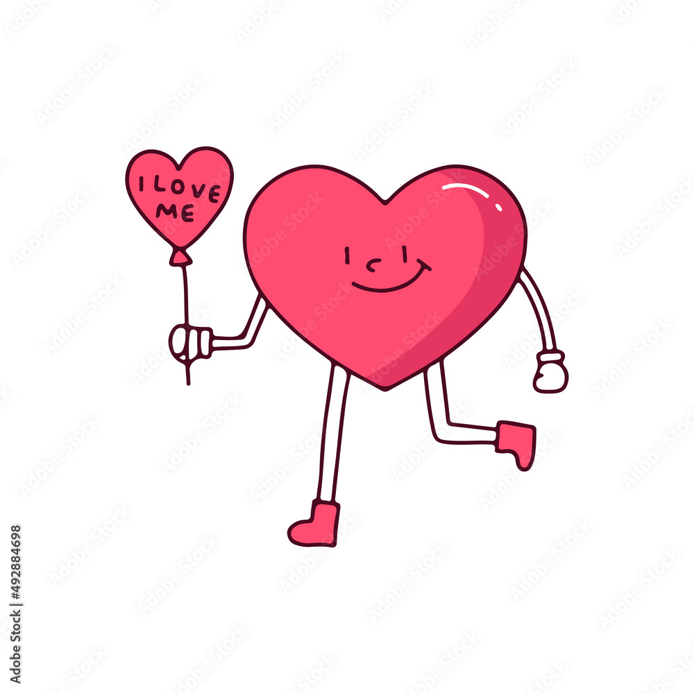 Heart character holding love balloon, illustration for t-shirt, street wear, sticker, or apparel merchandise. With retro, and cartoon style.