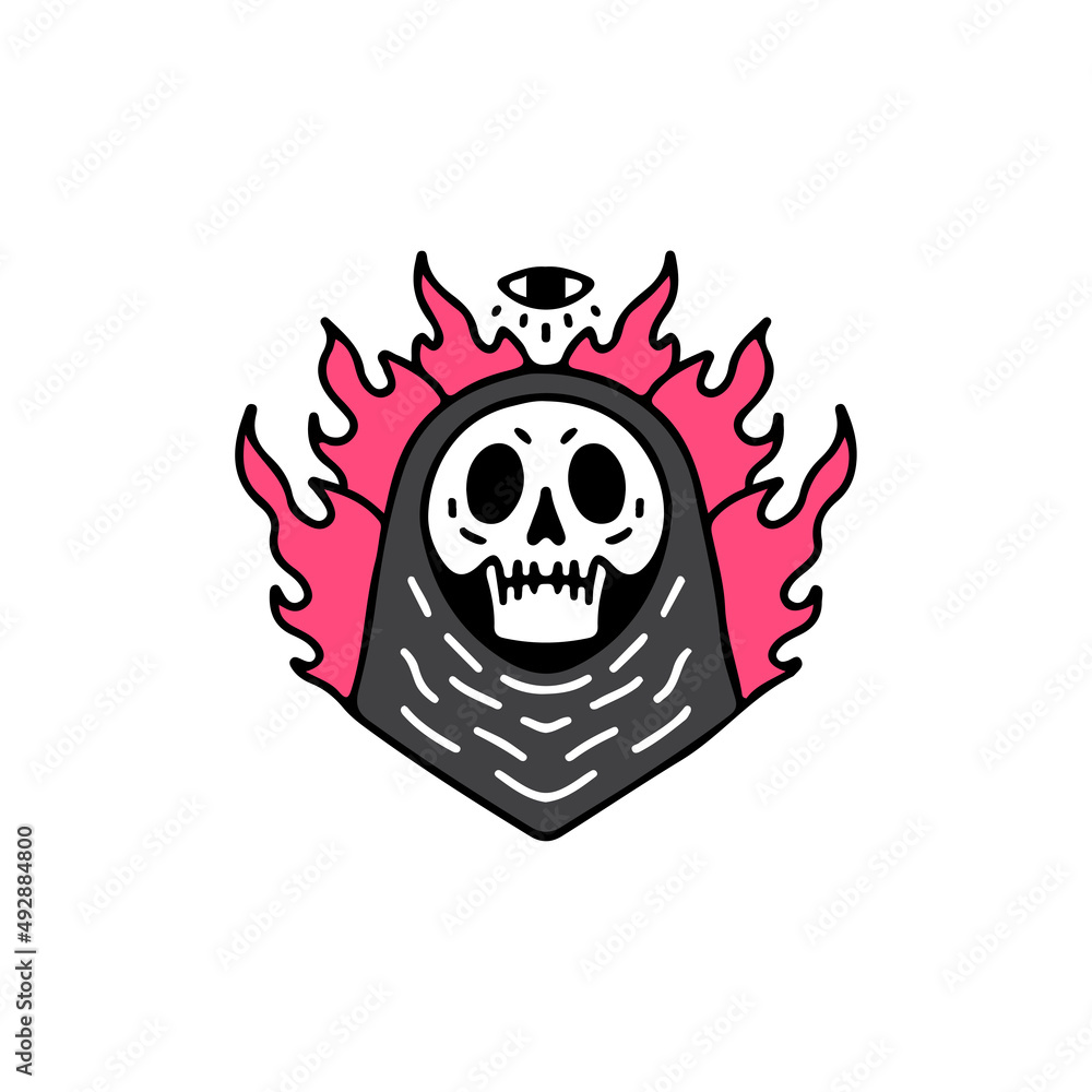 Burning grim reaper skull, illustration for t-shirt, street wear, sticker, or apparel merchandise. With retro, and cartoon style.