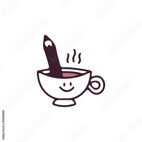 Coffee cup and pencil, illustration for t-shirt, street wear, sticker, or apparel merchandise. With retro, and cartoon style.