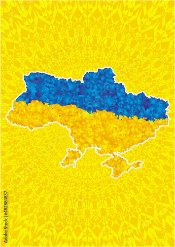 Ukraine country flag on map. Blue and yellow colors. Vector graphics