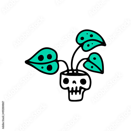 Skull head with swiss cheese plant, illustration for t-shirt, street wear, sticker, or apparel merchandise. With doodle, retro, and cartoon style.