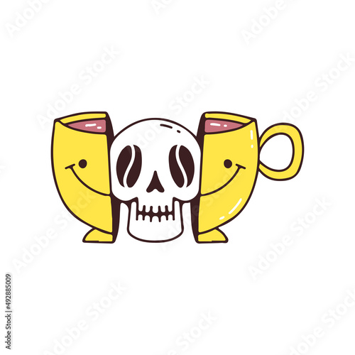 Two half of Cup of coffee with skull head inside, illustration for t-shirt, street wear, sticker, or apparel merchandise. With doodle, retro, and cartoon style.
