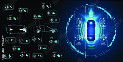 Car interface in HUD, GUI, UI style. Automotive sensing system concept. Autonomous car. Driver assistant system. Car top view with electronic digital interface, parameters and options, scans the road