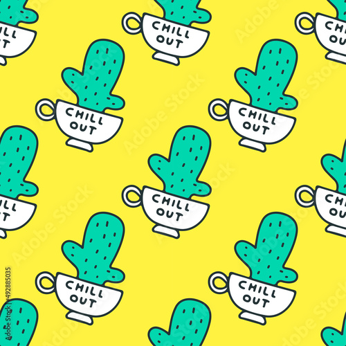Coffee cup and cactus, seamless pattern background illustration for t-shirt, sticker, or apparel merchandise. With doodle, retro, and cartoon style.