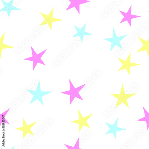 Pink blue yellow stars vector seamless pattern graphic design.