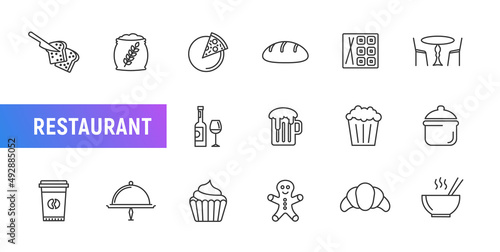 Food restaurant line icon menu vector cook lunch drink pizza burger. Chicken plate flat dish wine