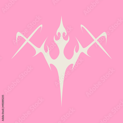 Abstract tattoo sword sketch. Artistic death metal logo design. White illustration in Metalcore style on a pink background.