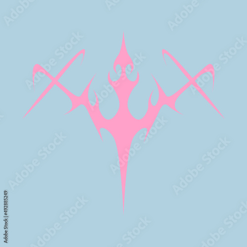 Abstract tattoo sword sketch. Artistic death metal logo design. Pink illustration in Metalcore style on a blue background.