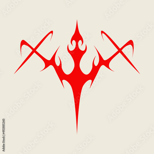 Abstract tattoo sword sketch. Artistic death metal logo design. Red illustration in Metalcore style on a white background.