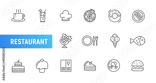 Food restaurant line icon menu vector cook lunch drink pizza burger. Chicken plate flat dish wine